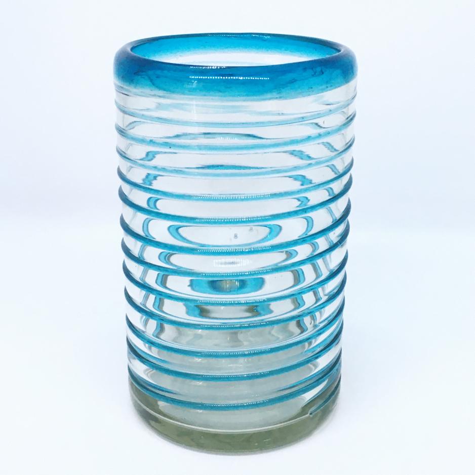 Vasos de Vidrio Soplado / Juego de 6 vasos grandes con espiral azul aqua / stos vasos son la combinacin perfecta de belleza y estilo, con espirales azul aqua alrededor.